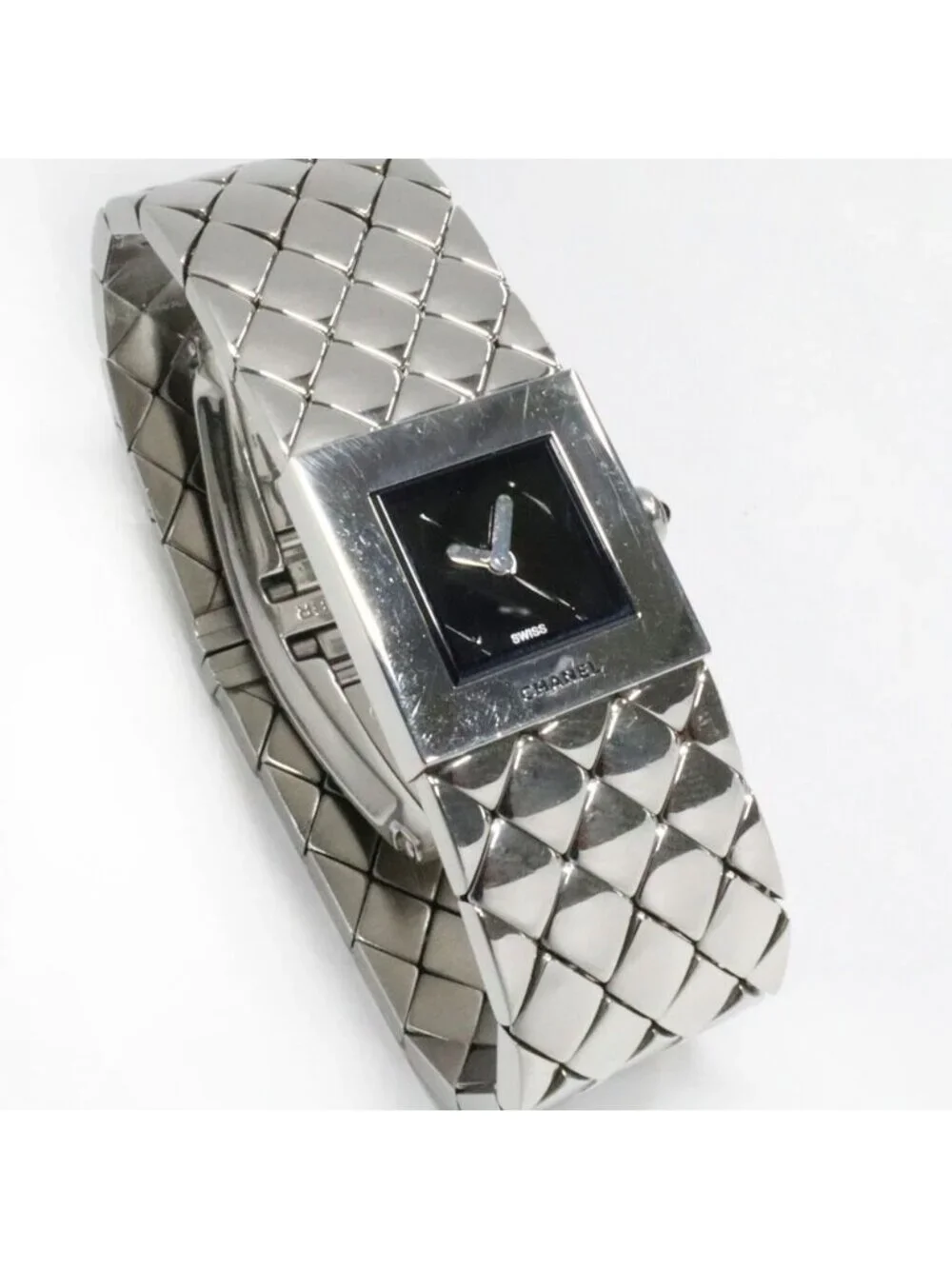 Chanel Matelasse Quilted Watch Black SS Quartz